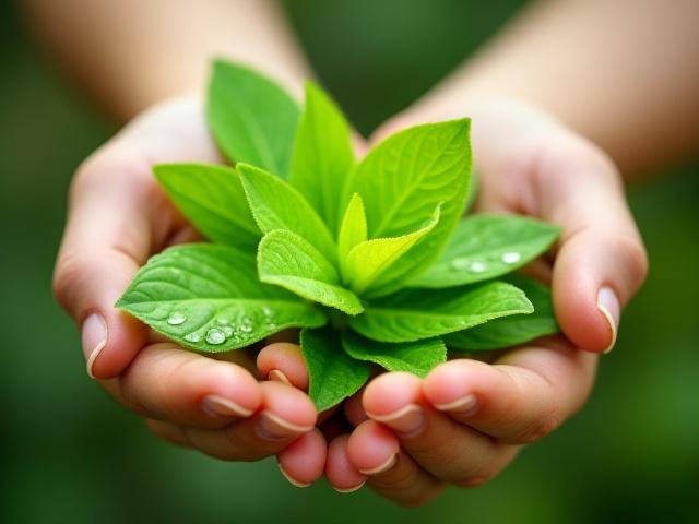 Mani che tengono foglie verdi fresche con gocce d'acqua, simboleggiando la sostenibilità e i prodotti ecologici.
