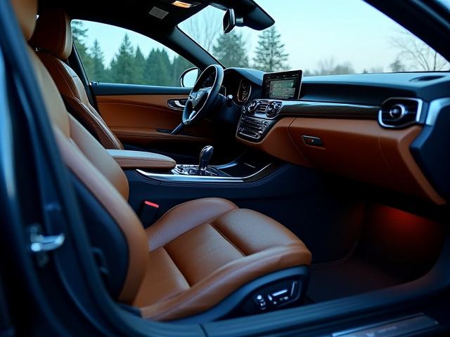 Interno di un'auto di lusso appena dettagliata, che riflette l'ambiente circostante con brillanti dettagli e sedili in pelle impeccabili.